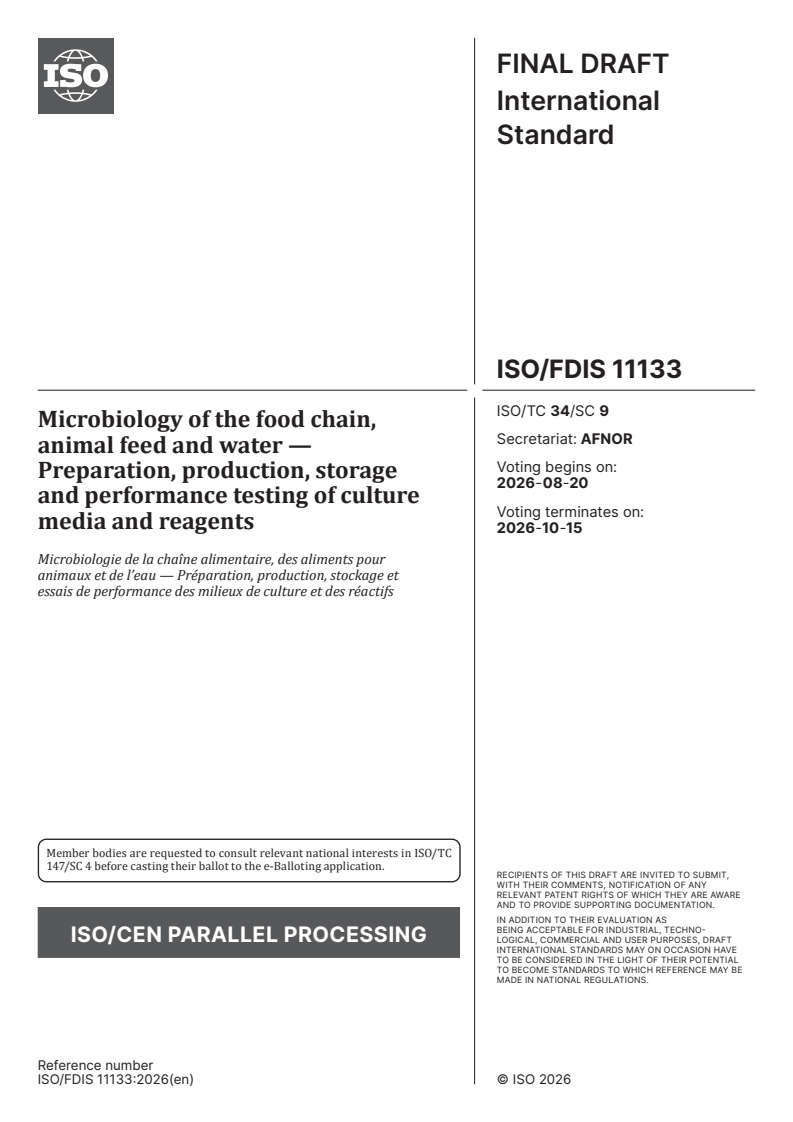 ISO/FDIS 11133 ISO/FDIS 11133 - Microbiology of the food chain, animal feed and water — Preparation, production, storage and performance testing of culture media and reagents - Page 1 preview
