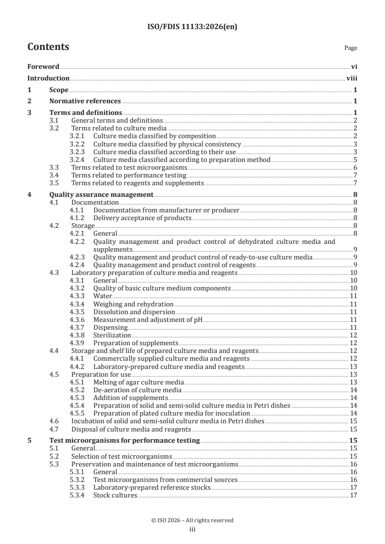 ISO/FDIS 11133 ISO/FDIS 11133 - Microbiology of the food chain, animal feed and water — Preparation, production, storage and performance testing of culture media and reagents - Page 3 preview