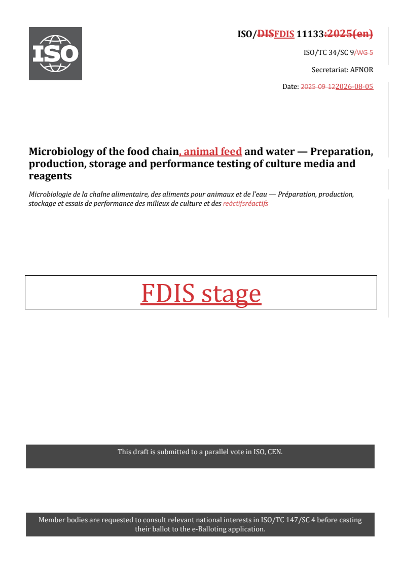 ISO/FDIS 11133 REDLINE ISO/FDIS 11133 - Microbiology of the food chain, animal feed and water — Preparation, production, storage and performance testing of culture media and reagents - Page 1 preview