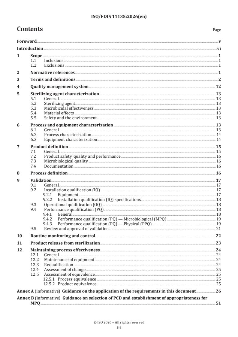 ISO/FDIS 11135 ISO/FDIS 11135 - Sterilization of health-care products — Ethylene oxide — Requirements for the development, validation and routine control of a sterilization process for medical devices - Page 3 preview