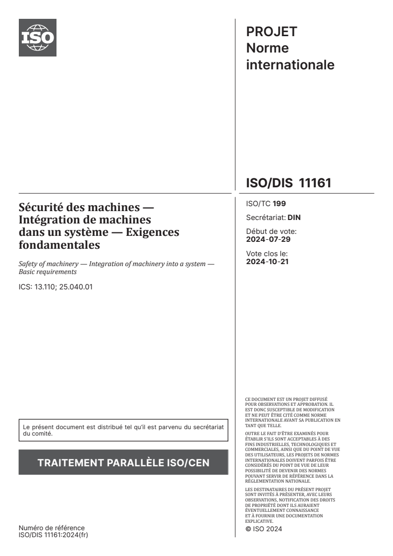 ISO/FDIS 11161 ISO/FDIS 11161 - Sécurité des machines — Systèmes de fabrication intégrés — Exigences générales/24/2024 - Page 1 preview