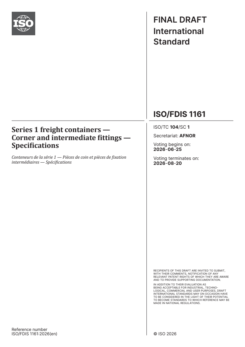 ISO 1161 ISO/FDIS 1161 - Series 1 freight containers — Corner and intermediate fittings — Specifications - Page 1 preview