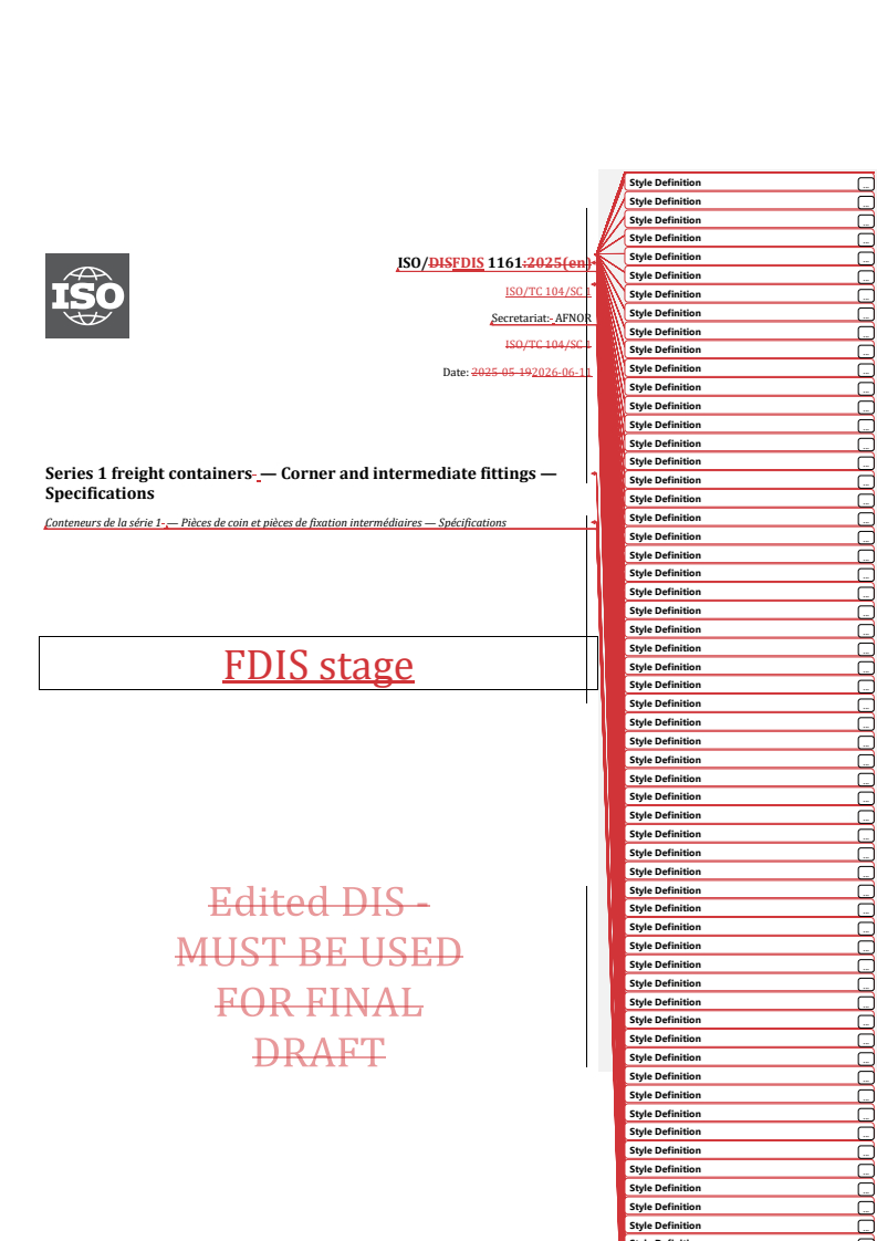 ISO 1161 REDLINE ISO/FDIS 1161 - Series 1 freight containers — Corner and intermediate fittings — Specifications - Page 1 preview