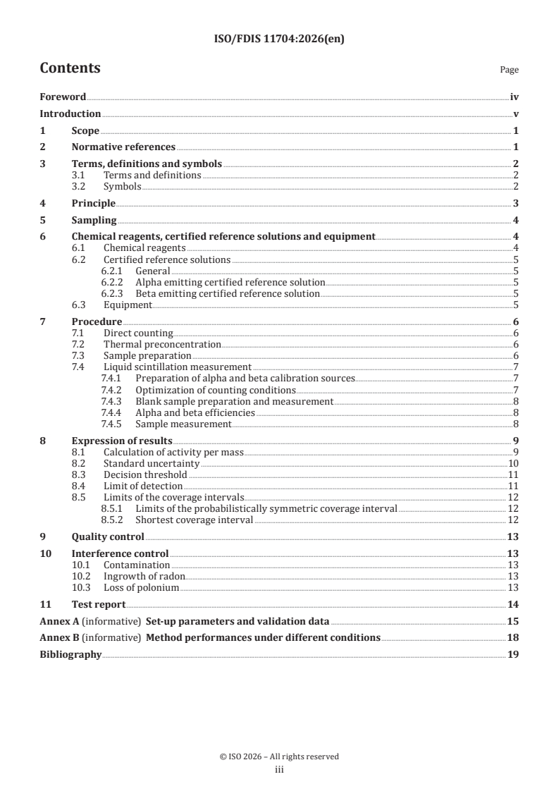 ISO/FDIS 11704 ISO/FDIS 11704 - Water quality — Gross alpha and gross beta activity — Test method using liquid scintillation counting - Page 3 preview