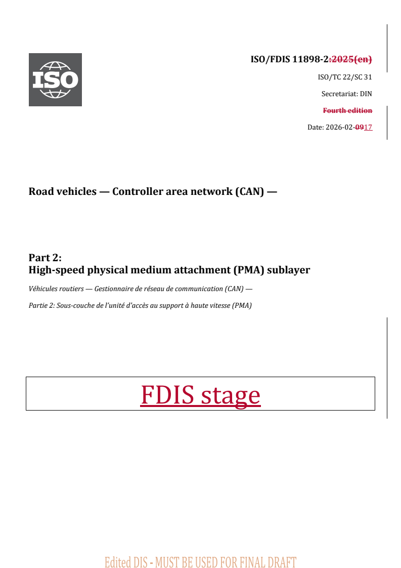 ISO/FDIS 11898-2 - High-Speed CAN PMA Standard for Road Vehicles