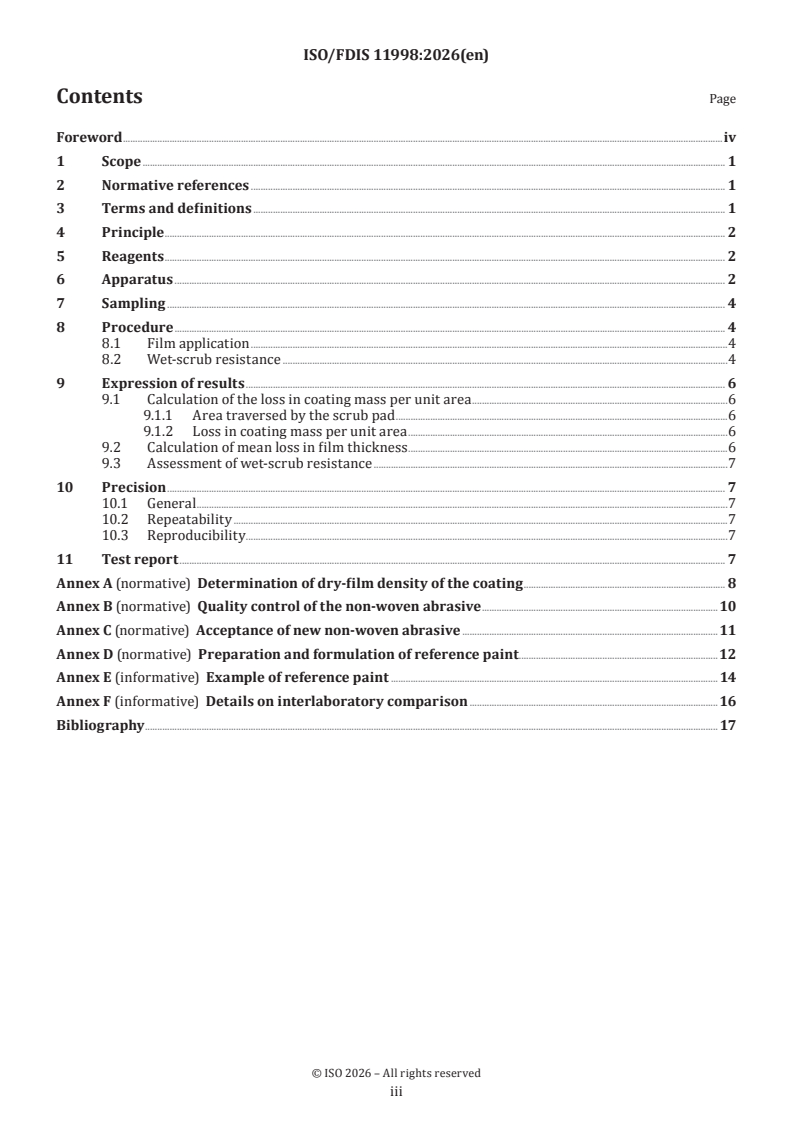 ISO/FDIS 11998 ISO/FDIS 11998 - Paints and varnishes — Determination of wet-scrub resistance of coatings - Page 3 preview