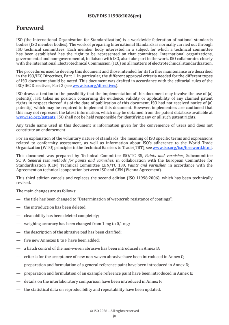 ISO/FDIS 11998 ISO/FDIS 11998 - Paints and varnishes — Determination of wet-scrub resistance of coatings - Page 4 preview