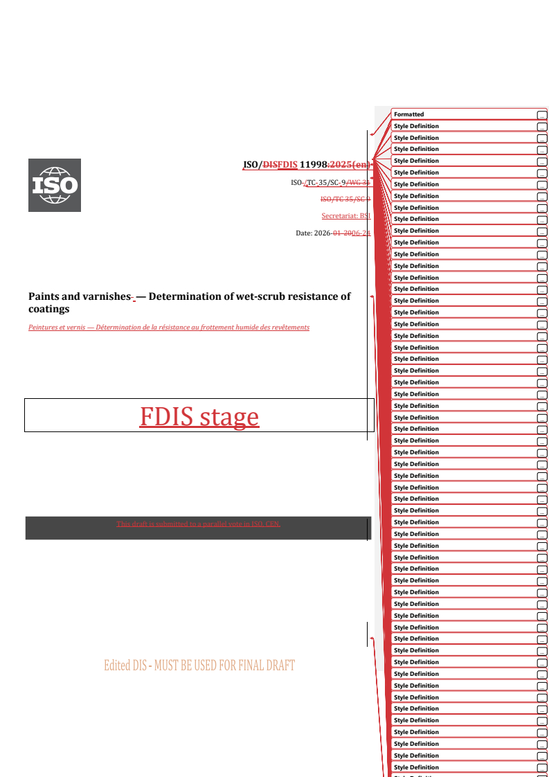 ISO/FDIS 11998 REDLINE ISO/FDIS 11998 - Paints and varnishes — Determination of wet-scrub resistance of coatings - Page 1 preview