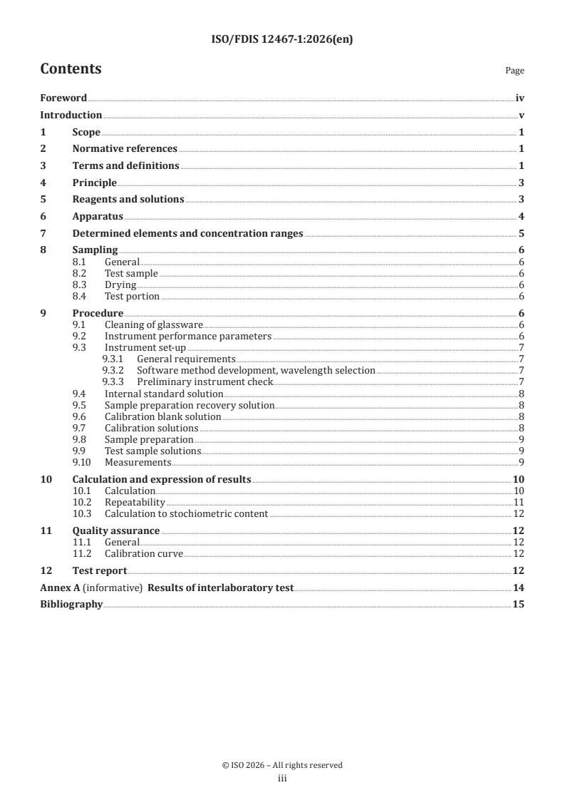 ISO/FDIS 12467-1 ISO/FDIS 12467-1 - Chemical analysis of lithium composite oxides — Part 1: Determination of main components by inductively coupled plasma optical emission spectrometry - Page 3 preview