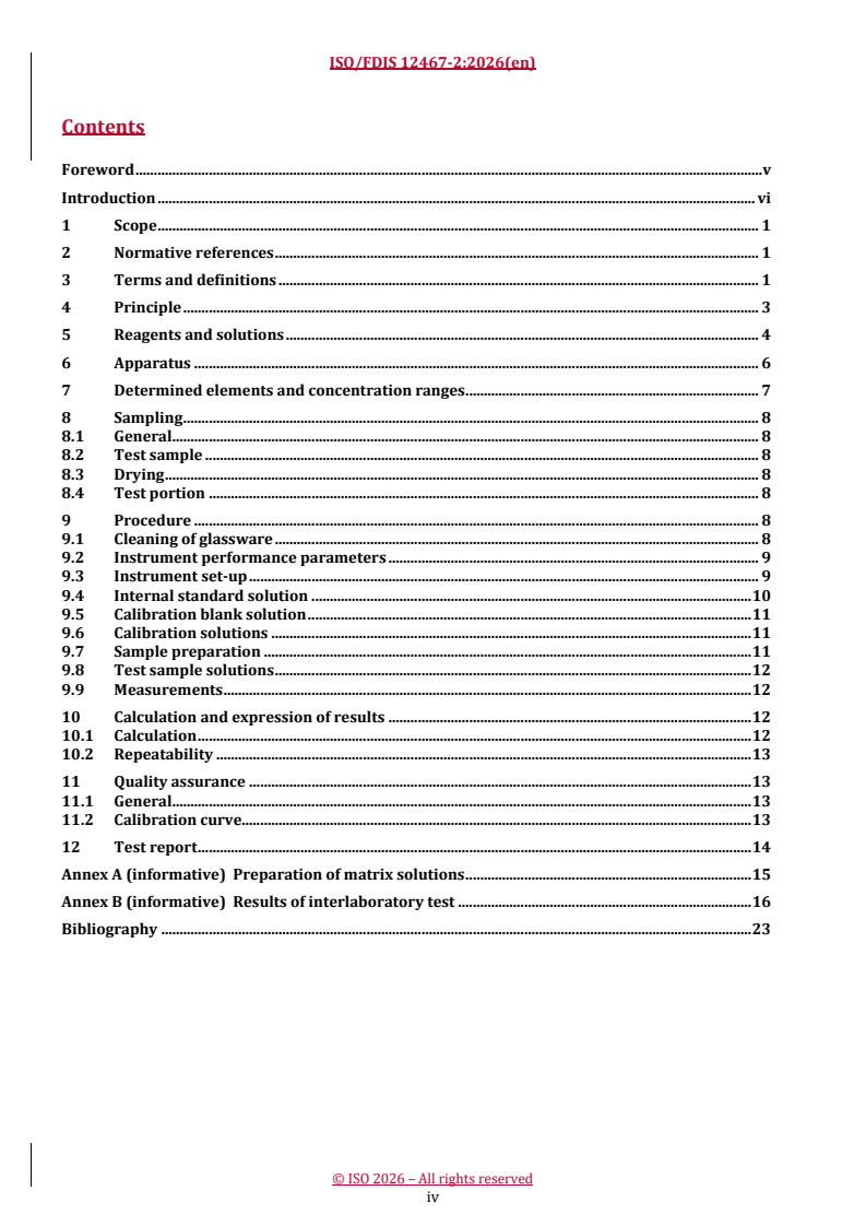 ISO/FDIS 12467-2 REDLINE ISO/FDIS 12467-2 - Chemical analysis of lithium composite oxides — Part 2: Determination of trace elemental impurities by inductively coupled plasma optical emission spectrometry - Page 4 preview