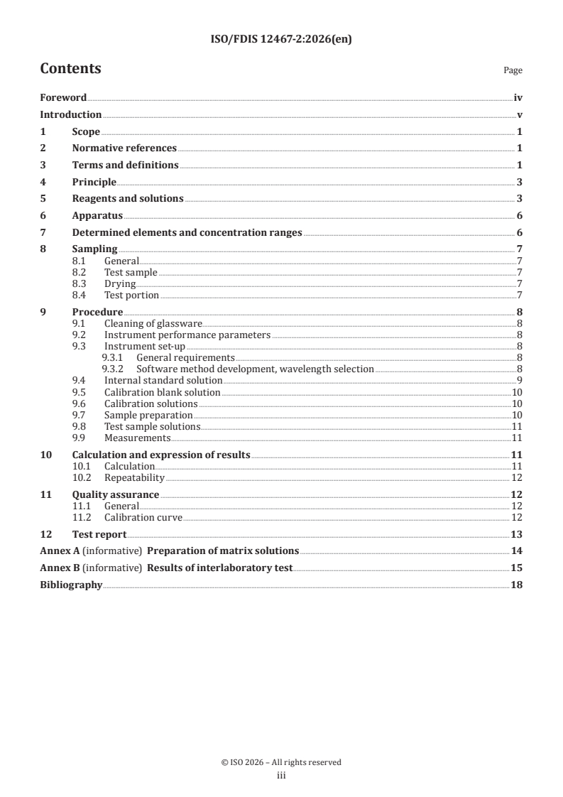 ISO/FDIS 12467-2 ISO/FDIS 12467-2 - Chemical analysis of lithium composite oxides — Part 2: Determination of trace elemental impurities by inductively coupled plasma optical emission spectrometry - Page 3 preview