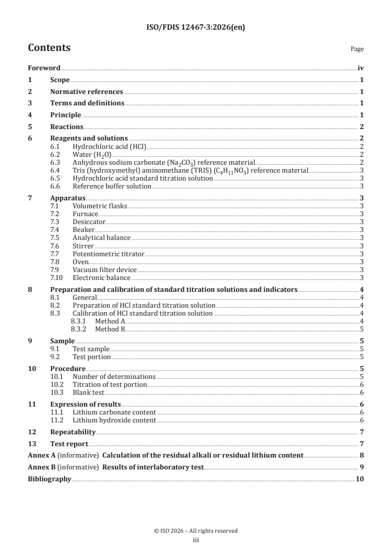 ISO/FDIS 12467-3 ISO/FDIS 12467-3 - Chemical analysis of lithium composite oxides — Part 3: Determination of lithium carbonate and lithium hydroxide contents - Page 3 preview
