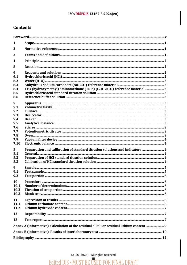 ISO/FDIS 12467-3 REDLINE ISO/FDIS 12467-3 - Chemical analysis of lithium composite oxides — Part 3: Determination of lithium carbonate and lithium hydroxide contents - Page 3 preview
