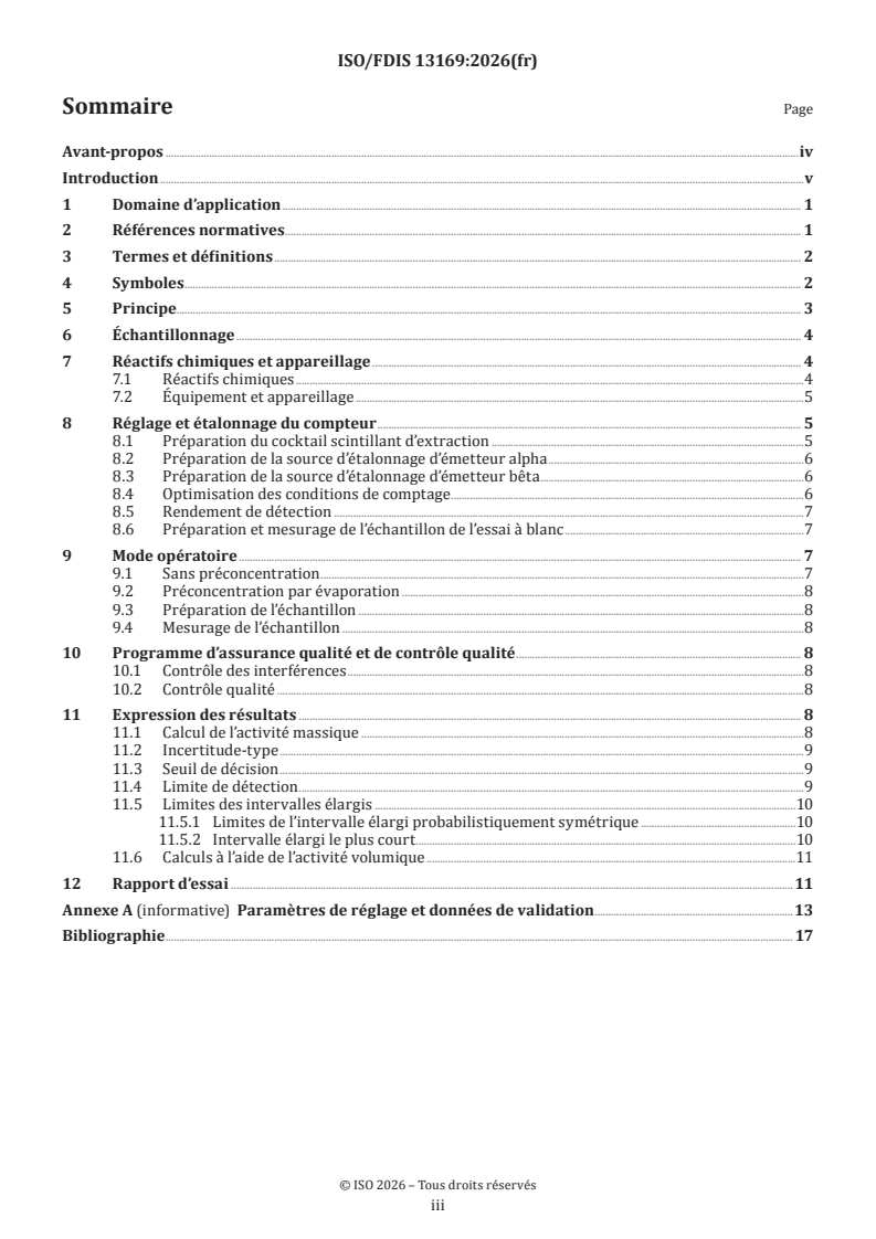 ISO/FDIS 13169 ISO/FDIS 13169 - Qualité de l'eau — Uranium — Méthode d'essai par comptage des scintillations alpha en milieu liquide - Page 3 preview