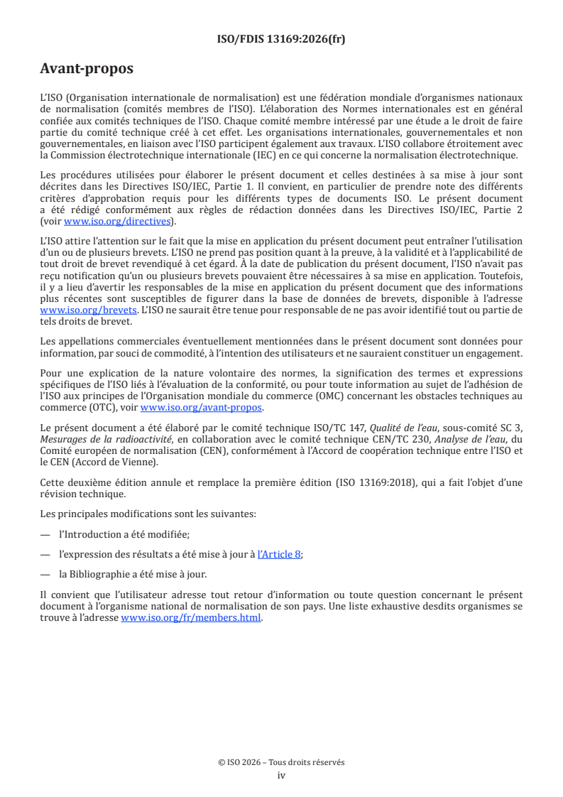 ISO/FDIS 13169 ISO/FDIS 13169 - Qualité de l'eau — Uranium — Méthode d'essai par comptage des scintillations alpha en milieu liquide - Page 4 preview