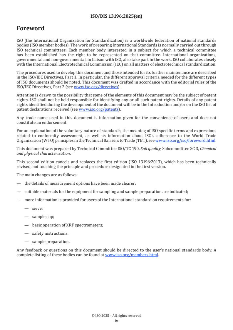 ISO/FDIS 13196 ISO/FDIS 13196 - Soil quality — Screening soils for selected elements by energy-dispersive X-ray fluorescence spectrometry using a handheld or portable instrument/29/2024 - Page 4 preview