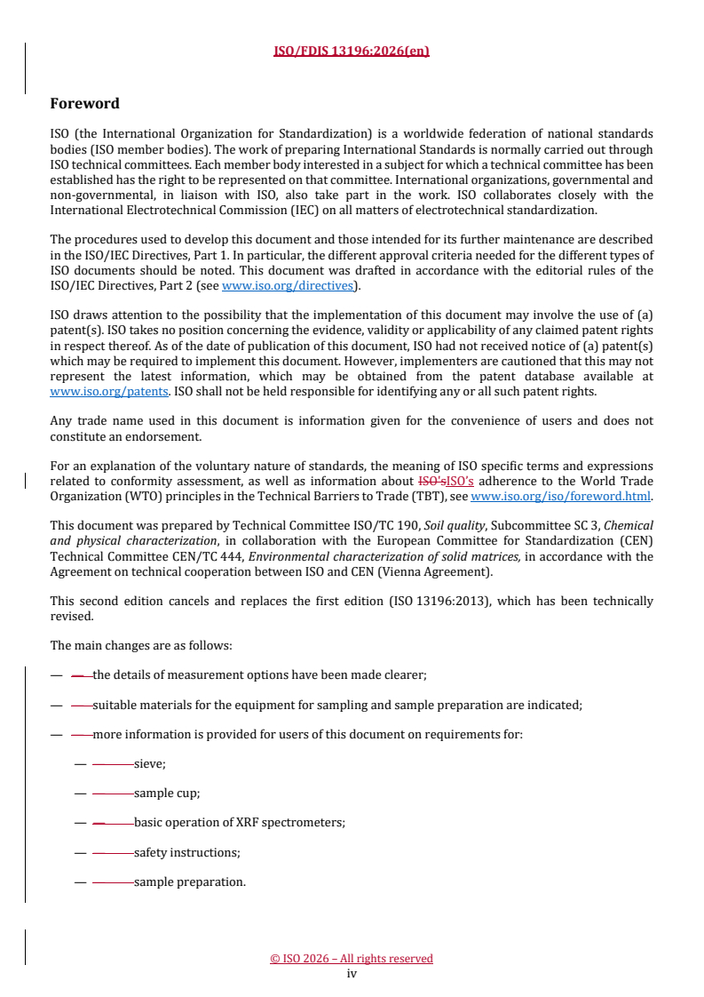 ISO/FDIS 13196 REDLINE ISO/FDIS 13196 - Soil quality — Screening soils for selected elements by energy-dispersive X-ray fluorescence spectrometry using a handheld or portable instrument - Page 4 preview