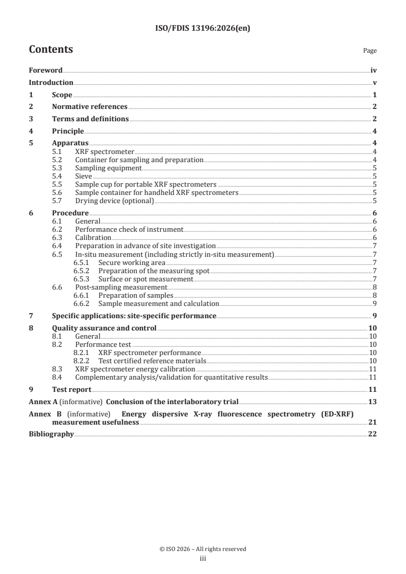 ISO/FDIS 13196 ISO/FDIS 13196 - Soil quality — Screening soils for selected elements by energy-dispersive X-ray fluorescence spectrometry using a handheld or portable instrument - Page 3 preview