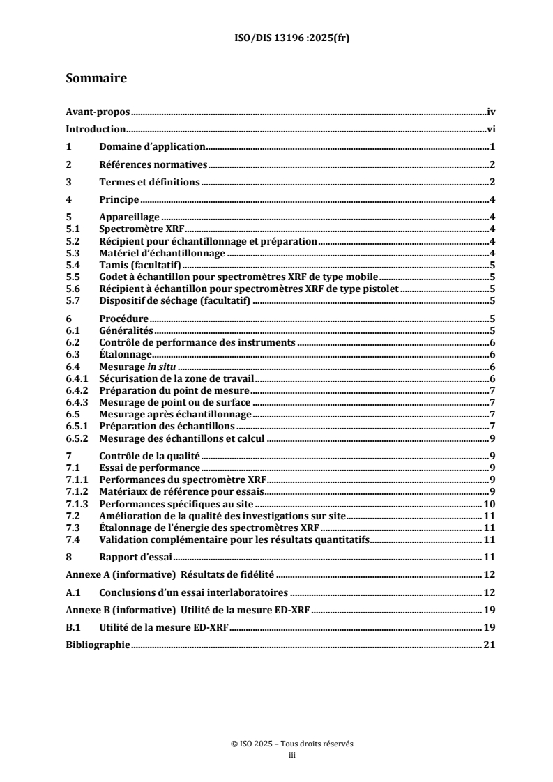 ISO/FDIS 13196 ISO/FDIS 13196 - Qualité du sol — Diagnostic rapide d’une sélection d’éléments dans les sols à l’aide d’un spectromètre de fluorescence X à dispersion d’énergie de type mobile ou pistolet/22/2025 - Page 3 preview