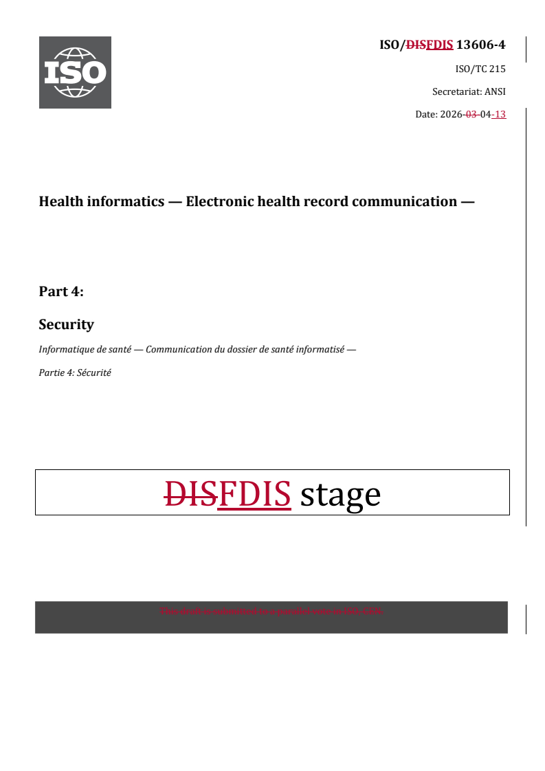 ISO/FDIS 13606-4 REDLINE ISO/FDIS 13606-4 - Health informatics — Electronic health record communication — Part 4: Security - Page 1 preview