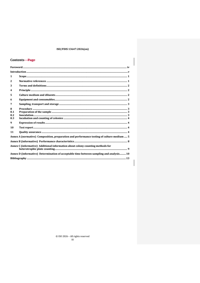 ISO 13647 REDLINE ISO/FDIS 13647 - Water quality — Enumeration of culturable microorganisms — Colony count by spread plate inoculation on R2A medium - Page 3 preview
