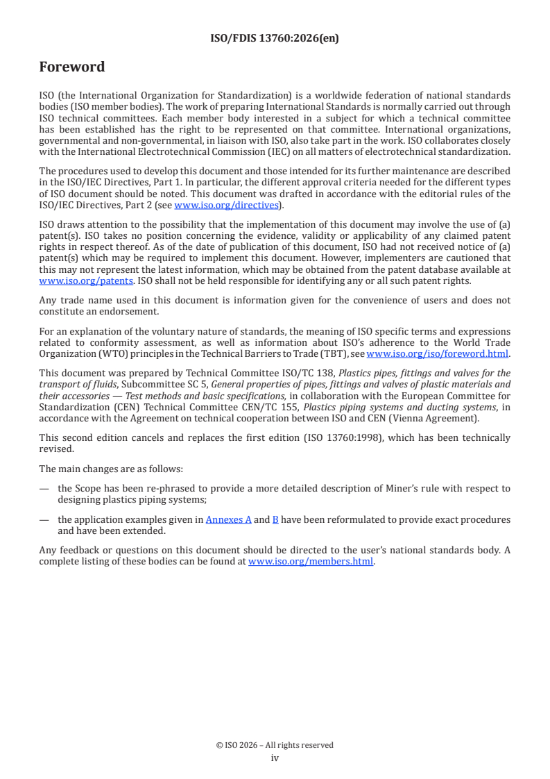 ISO/FDIS 13760 ISO/FDIS 13760 - Plastics pipes for the conveyance of fluids under pressure — Miner’s rule — Calculation method for cumulative damage - Page 4 preview