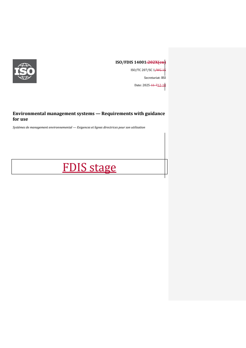 REDLINE ISO/FDIS 14001 - Environmental management systems — Requirements with guidance for use
Released:11. 12. 2025