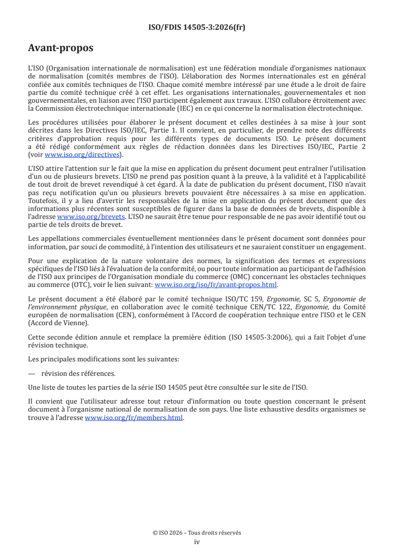 ISO/FDIS 14505-3 ISO/FDIS 14505-3 - Ergonomie des ambiances thermiques — Évaluation des ambiances thermiques dans les véhicules — Partie 3: Évaluation du confort thermique en ayant recours à des participants humains - Page 4 preview