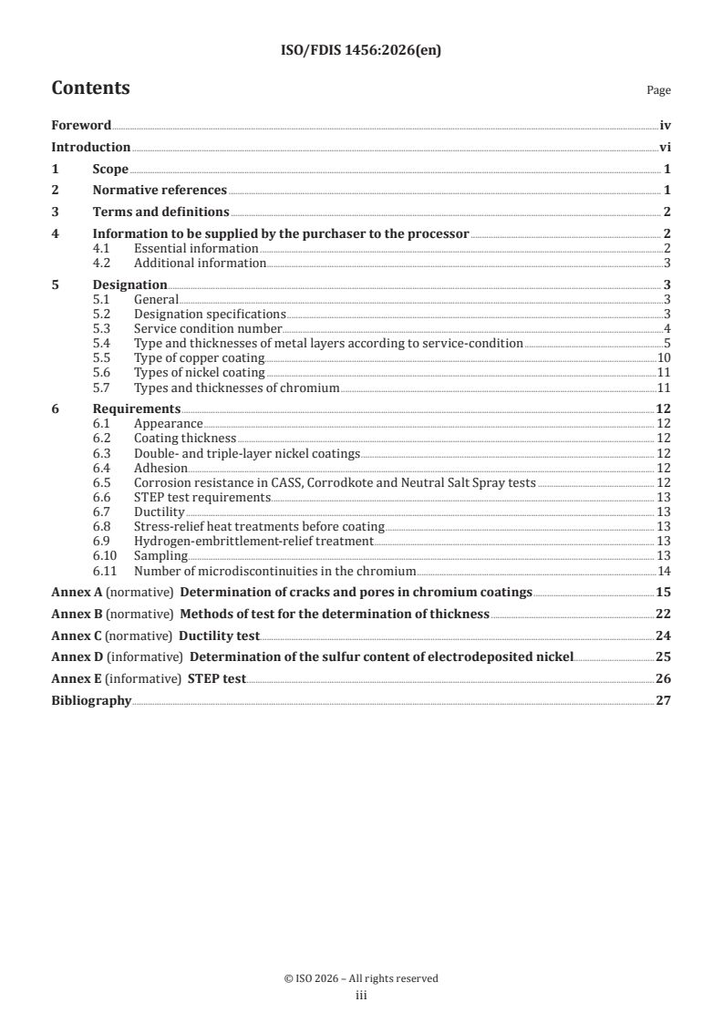 ISO/FDIS 1456 ISO/FDIS 1456 - Metallic and other inorganic coatings — Electrodeposited coatings of nickel, nickel plus chromium, copper plus nickel and of copper plus nickel plus chromium - Page 3 preview