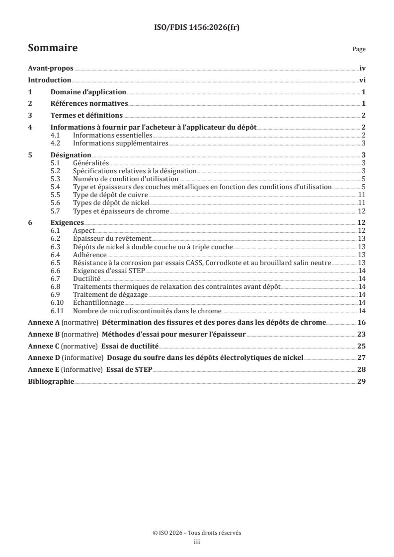 ISO/FDIS 1456 ISO/FDIS 1456 - Revêtements métalliques et autres revêtements inorganiques — Dépôts électrolytiques de nickel, de nickel plus chrome, de cuivre plus nickel et de cuivre plus nickel plus chrome - Page 3 preview