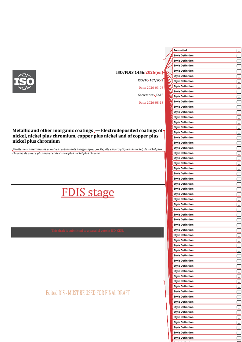 ISO/FDIS 1456 REDLINE ISO/FDIS 1456 - Metallic and other inorganic coatings — Electrodeposited coatings of nickel, nickel plus chromium, copper plus nickel and of copper plus nickel plus chromium - Page 1 preview