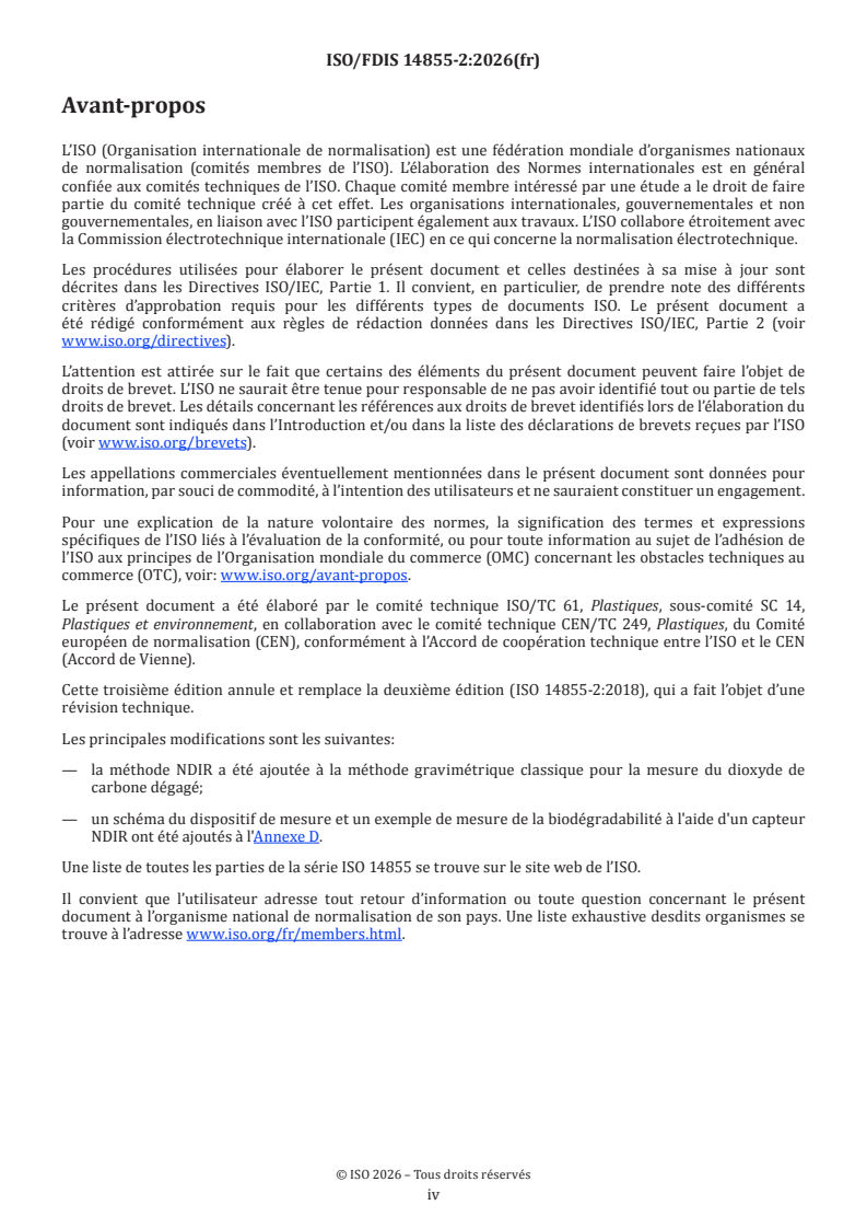 ISO/FDIS 14855-2 ISO/FDIS 14855-2 - Détermination de la biodégradabilité aérobie ultime des matériaux plastiques dans des conditions contrôlées de compostage — Méthode par analyse du dioxyde de carbone libéré — Partie 2: Mesurage gravimétrique du dioxyde de carbone libéré lors d'un essai de laboratoire - Page 4 preview