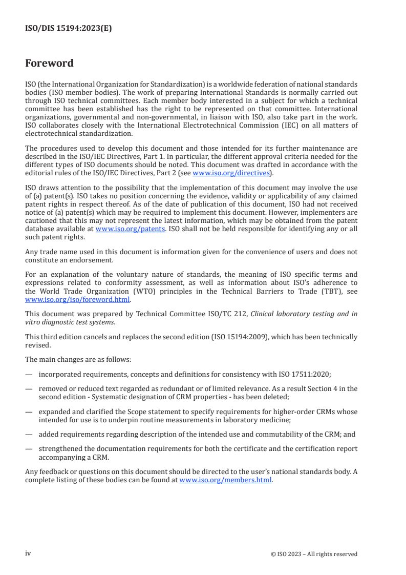 ISO/FDIS 15194 ISO/FDIS 15194 - In vitro diagnostic medical devices — Requirements for certified reference materials and the content of supporting documentation/31/2023 - Page 4 preview