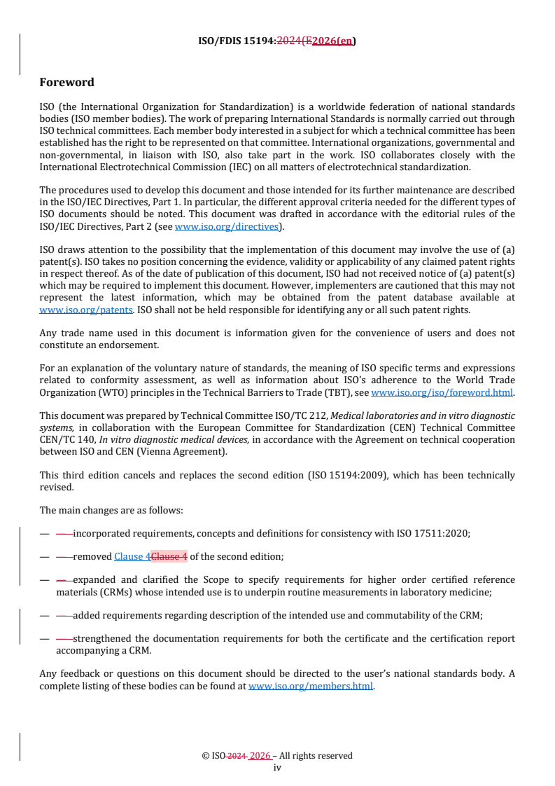 ISO/FDIS 15194 REDLINE ISO/FDIS 15194 - In vitro diagnostic medical devices — Requirements for certified reference materials and the content of supporting documentation - Page 4 preview