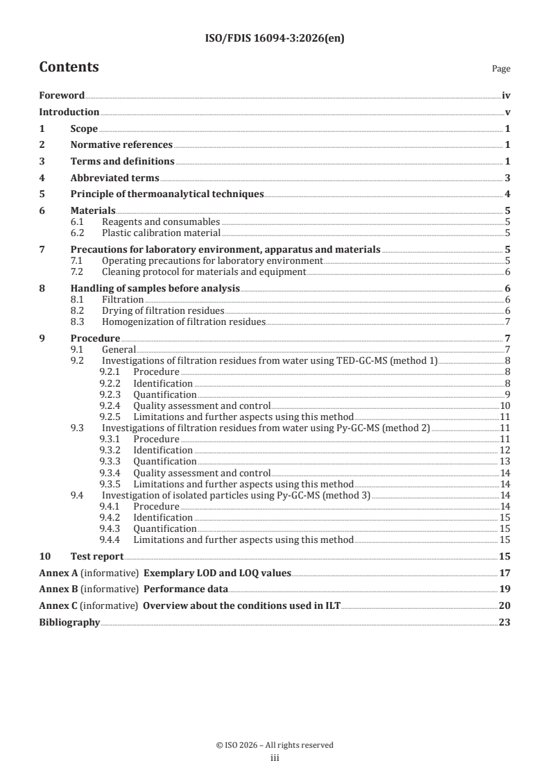 ISO/FDIS 16094-3 ISO/FDIS 16094-3 - Water quality — Analysis of microplastic in water — Part 3: Thermo-analytical methods for waters with low content of suspended solids including drinking water - Page 3 preview