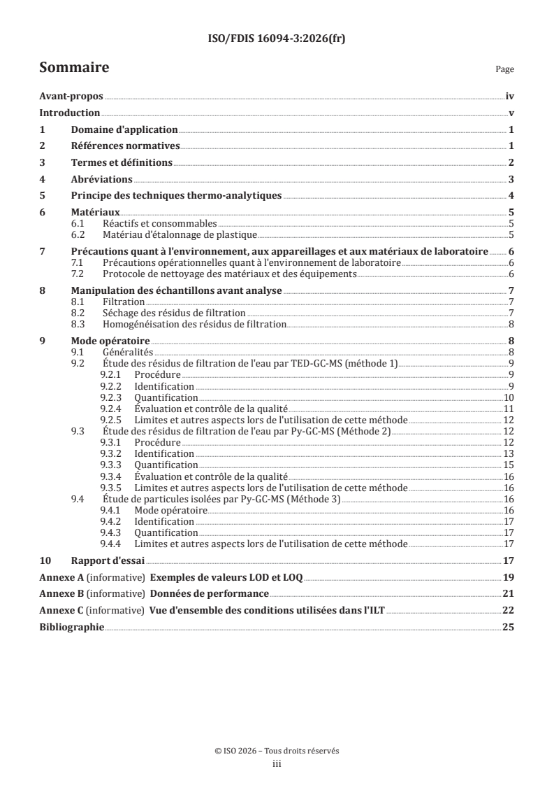 ISO/FDIS 16094-3 ISO/FDIS 16094-3 - Qualité de l'eau — Analyse des microplastiques dans l'eau — Partie 3: Méthodes thermo-analytiques pour les eaux à faible teneur en matières en suspension, y compris l'eau potable - Page 3 preview