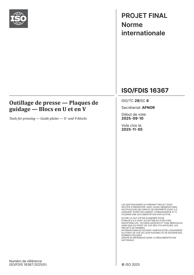 ISO 16367 - Tools for pressing — Guide plates — U- and V-blocks