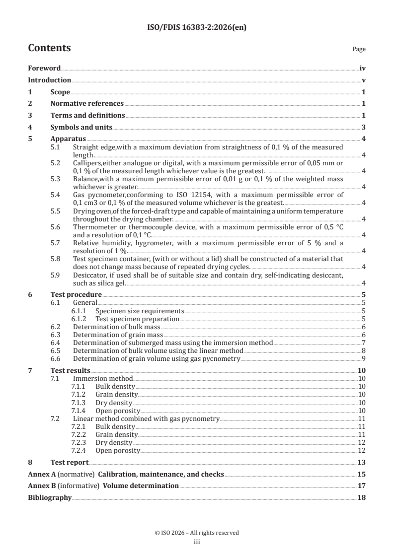 ISO/FDIS 16383-2 ISO/FDIS 16383-2 - Geotechnical investigation and testing — Laboratory testing of rock — Part 2: Determination of density and open porosity - Page 3 preview