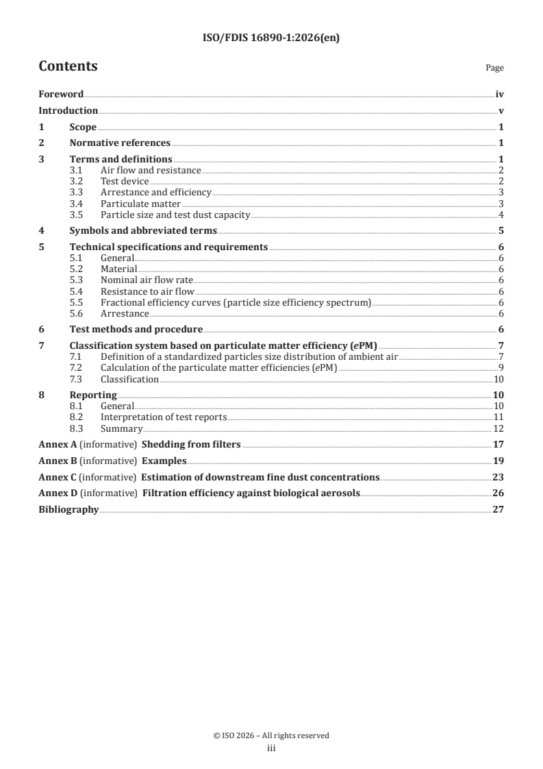 ISO/FDIS 16890-1 ISO/FDIS 16890-1 - Air filters for general ventilation — Part 1: Technical specifications, requirements and classification system based upon particulate matter efficiency (ePM) - Page 3 preview