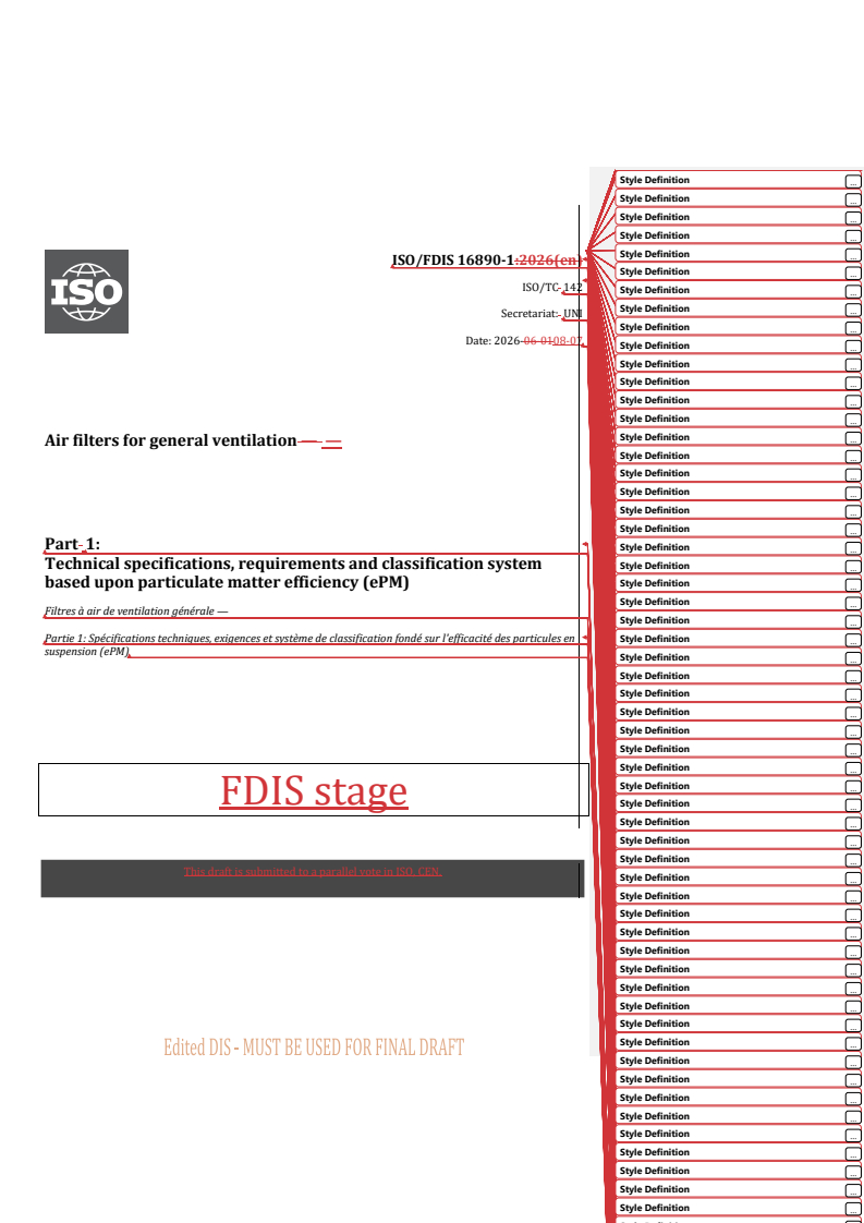 ISO/FDIS 16890-1 REDLINE ISO/FDIS 16890-1 - Air filters for general ventilation — Part 1: Technical specifications, requirements and classification system based upon particulate matter efficiency (ePM) - Page 1 preview