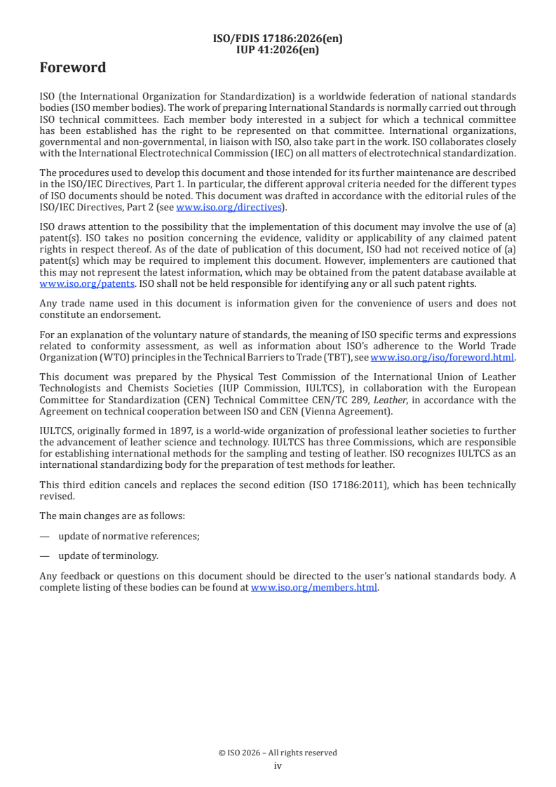 ISO/FDIS 17186 ISO/FDIS 17186 - Leather — Physical and mechanical tests — Determination of surface coating thickness - Page 4 preview