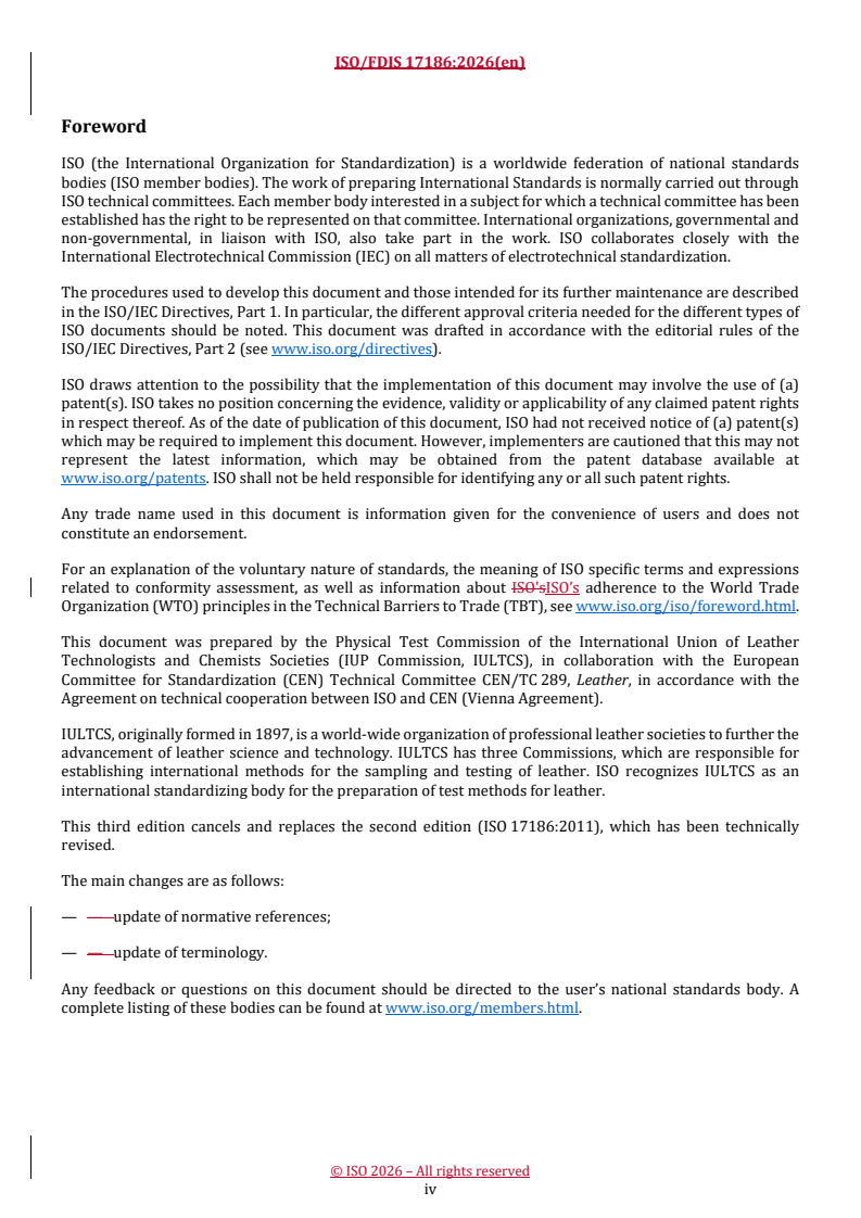 ISO/FDIS 17186 REDLINE ISO/FDIS 17186 - Leather — Physical and mechanical tests — Determination of surface coating thickness - Page 4 preview