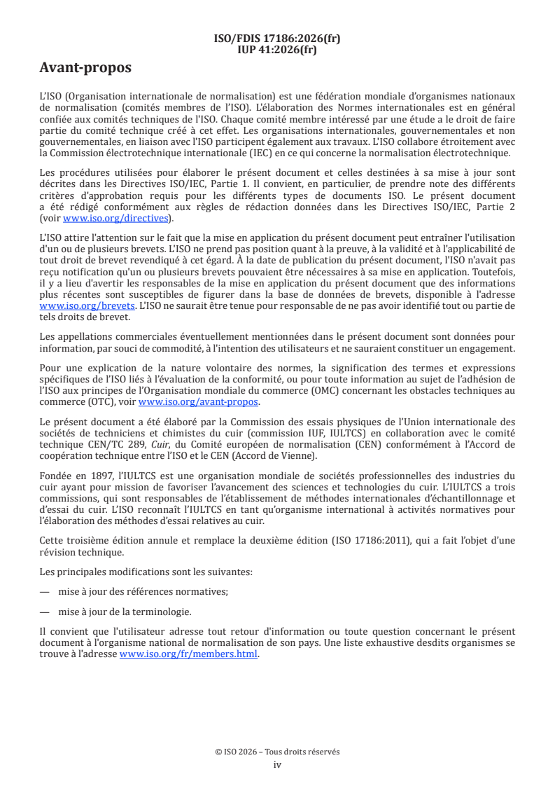 ISO/FDIS 17186 ISO/FDIS 17186 - Cuir — Essais physiques et mécaniques — Détermination de l'épaisseur du revêtement de surface - Page 4 preview