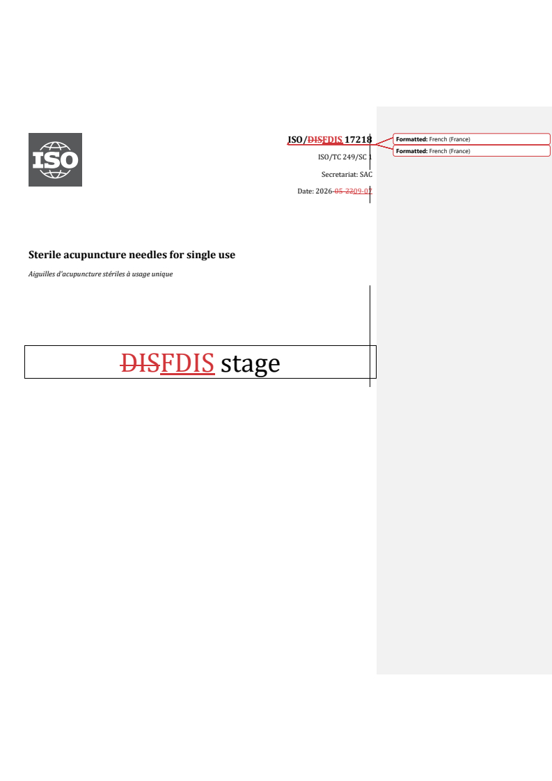ISO/FDIS 17218 REDLINE ISO/FDIS 17218 - Sterile acupuncture needles for single use - Page 1 preview
