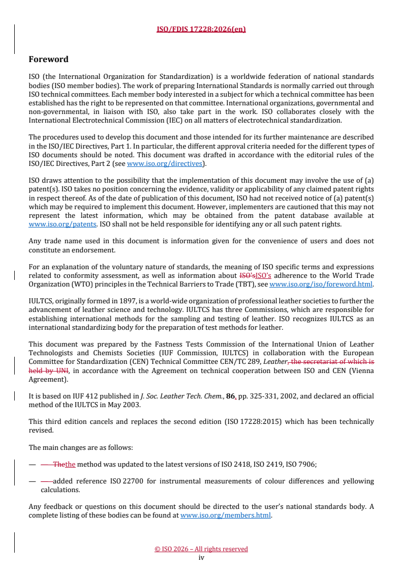 ISO/FDIS 17228 REDLINE ISO/FDIS 17228 - Leather — Tests for colour fastness — Change in colour with accelerated ageing - Page 4 preview