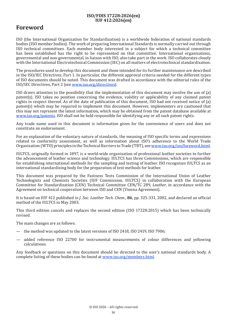 ISO/FDIS 17228 ISO/FDIS 17228 - Leather — Tests for colour fastness — Change in colour with accelerated ageing - Page 4 preview