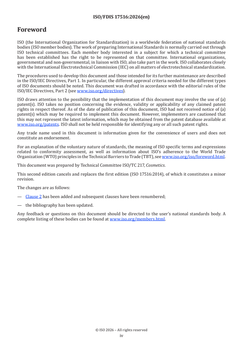 ISO/FDIS 17516 ISO/FDIS 17516 - Cosmetics — Microbiology — Microbiological limits - Page 4 preview