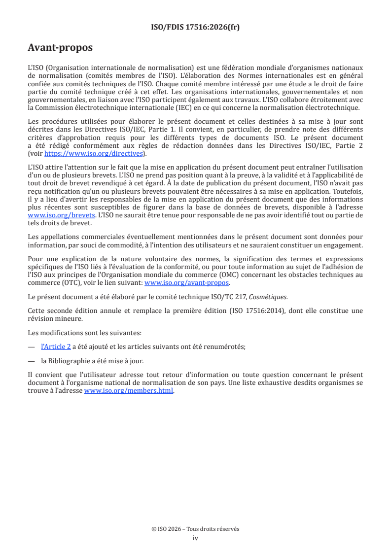 ISO/FDIS 17516 ISO/FDIS 17516 - Cosmétiques — Microbiologie — Limites microbiologiques - Page 4 preview
