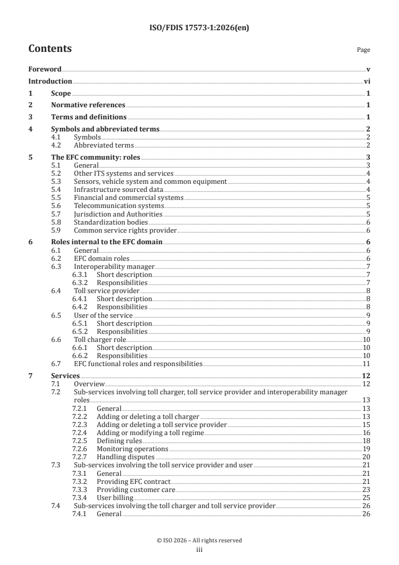 ISO/FDIS 17573-1 ISO/FDIS 17573-1 - Electronic fee collection — System architecture for vehicle-related tolling — Part 1: Reference model - Page 3 preview