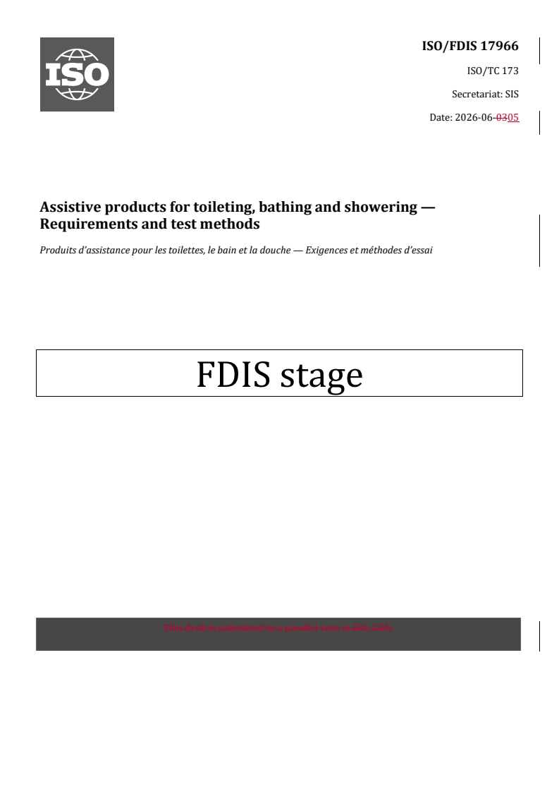 ISO/FDIS 17966 REDLINE ISO/FDIS 17966 - Assistive products for toileting, bathing and showering — Requirements and test methods - Page 1 preview